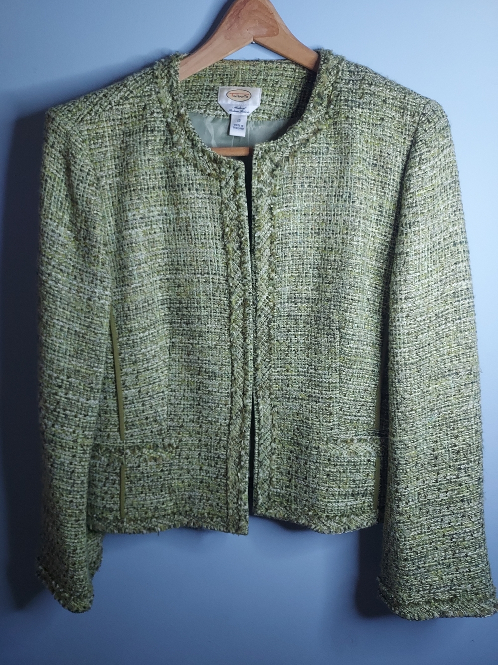 Talbots Light Green Tweed Collarless Blazer